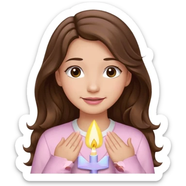 girl with wavy long brown hair, brown eyes, light to medium complexion, long lashes, light pink lipstick, praying, smiling, wearing light pink shirt sticker
