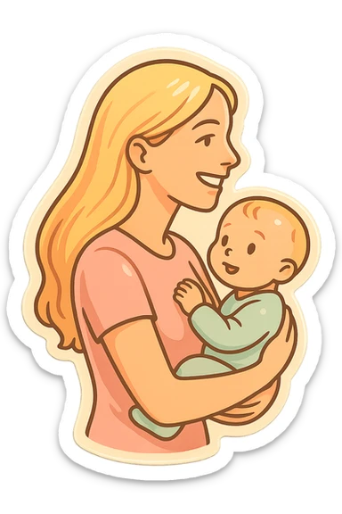 mom with long light hair holding a baby in her arms, smiling and looking forward, side view, thin clean outlines, soft rounded shapes, pastel palette, retro sticker aesthetic, detailed shadows and highlights, soft lighting sticker