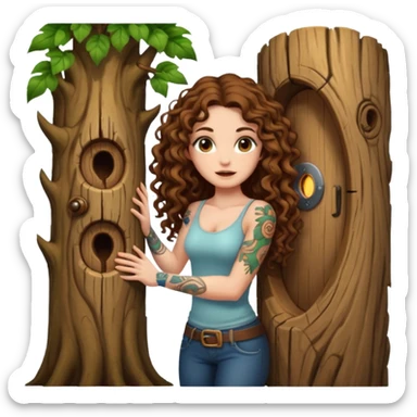 woman with long curly brown hair, brown eyes, white skin, tattoos, opening a tree trunk like a secret door portal sticker