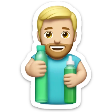 Buff man with blonde short hair and a medium length blonde beard riding on top of a giant bottle of listerine sticker