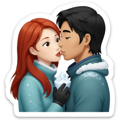 long black haired asian guy kissing redhead girl in snow sticker