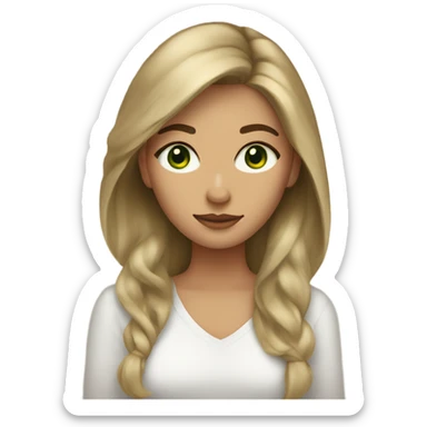 woman light tan, forest green eyes, dark brown hair blonde streaks in front of hair sticker