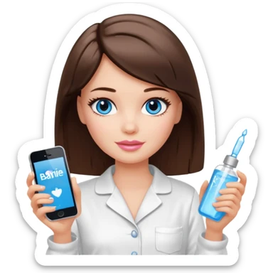 Barbie girl with makeup, blue eyes , and bob long haircut, short brown hair in white pajamas, face gel in hand sticker