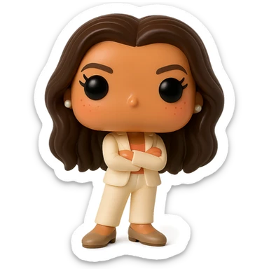 Create a Funko Pop style vinyl figure of Eva Longoria with ultra high quality details: luminous smooth tanned skin, extremely detailed dark hair, hyper-textured feminine cream suit (jacket and pants), small pearly earrings, greige leather loafers clearly visible, arms crossed, rosy cheeks, very discreet freckles, eyelashes, mischievous and cheerful expression, no mouth, transparent background. sticker