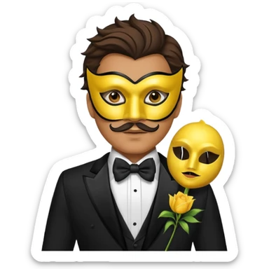 A man facing forward wearing a tuxedo with a yellow canary mask. The canary mask is in the style of a Venetian carnival mask. sticker