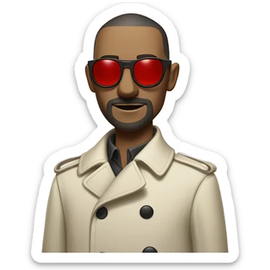 <excerpt>
A 1930s white man with real buzz cut Black hair, beard stubble donning small red tinted sun glasses in a dirty white trench coat, is serious.
</excerpt> sticker