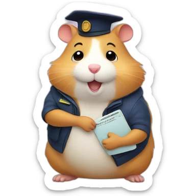 Fat hamster is sitting and holding a passport sticker
