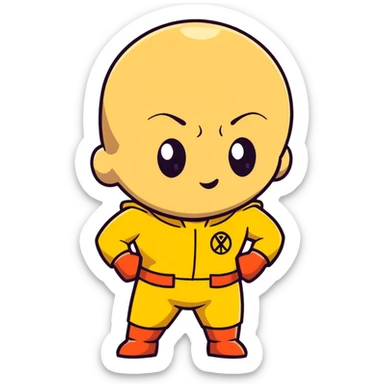 Saitama with blank face from One Punch Man, plain expression, bald head, simple round eyes, yellow hero suit, comical anime look sticker