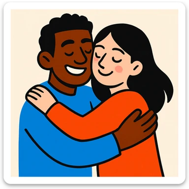 interracial couple hugging, brown-skinned man and white-skinned woman with black hair, illustration style, light background sticker