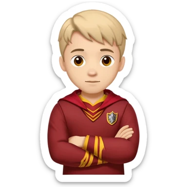 A young adult man slightly to the side looking forward with crossed arms wearing the Gryffindor uniform sticker
