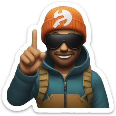 ski mask make him have his hand up and has a peace sign sticker