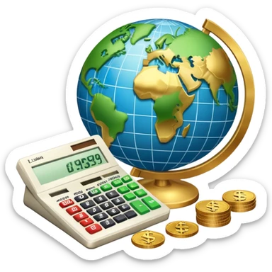 An icon featuring a calculator, a dollar sign, and a chart with upward trends, symbolizing economics. The design includes coins, bills, and a globe, representing global trade and financial systems. Transparent background highlights the study of markets, supply, and demand. sticker