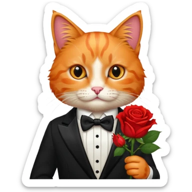 Orange Cat wearing a tux with a rose sticker