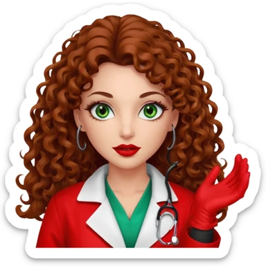 Spanish sexy evil woman. She has green eyes.  had brown long curly hair.  evil surgeon kills with needle wears red sexy doctor coat with red long mouth cover red gloves.  sticker