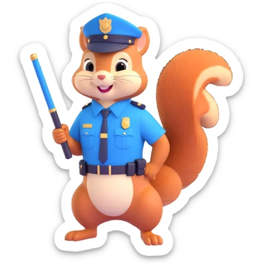 a cartoon squirrel in a police officer outfit, holding a baton, smiling, blue uniform sticker