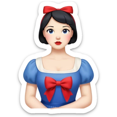Snow White from hips up, blue and yellow dress, short black hair with red bow, minimal style, larger size sticker