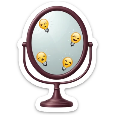 Minimalist emoji-style sticker of a vanity mirror with dim bulbs and cracked glass, words “Am I real yet?” smeared in dusty lipstick tone


 sticker