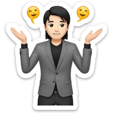 asian young man with long black hair falling on the forehead in grey blazer and black t-shirt smiling  sticker