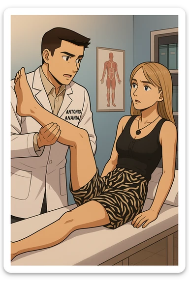 fai un webtoon/manga a colori con questo kinesiologo in camice bianco (fagli la scritta "ANTONIO ANANIA" SUL CAMICE) CHE SVOLGE UN TEST NEUROMUSCOLARE SOLLEVANDO UNA GAMBA ALLA RAGAZZA CHE è STESA SU UN LETTINO BIANCO. DURANTE IL TEST I DUE DIALOGANO TRA LORO. NON FARE I FUMETTI, FAI SOLO LORO COME SE DIALOGASSERO sticker