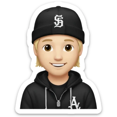 rapper da trắng, tóc vàng, full đen, có mũ len hãng MLB, đẹp trai
 sticker