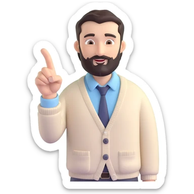 3D cartoon business guide male, dark hair, full beard, thick eyebrows, cheerful confident, dressed in light cream cardigan and pale blue collared shirt, one hand on whiteboard, other hand pointing sideways, professional friendly, neutral indoor setting sticker