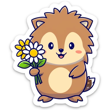 hedgehog holding a bouquet of daisy flowers sticker