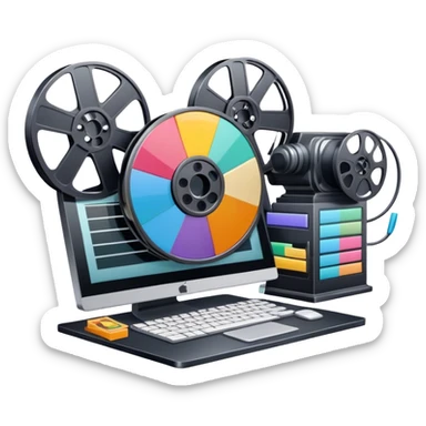Create a vibrant and modern icon representing Animation and Motion Design, featuring elements like a film reel, a computer screen, dynamic motion lines, and a cinematographic film strip on an editing table. The design should be colorful, and dynamic, without any emojis. The background's transparent. sticker