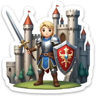 An icon symbolizing a RPG game, featuring a character holding a sword and shield, standing in front of a fantasy world with castles, dungeons and mythical creatures. The design emphasizes exploration, quests with elements like health bars and inventory icons. Transparent background sticker