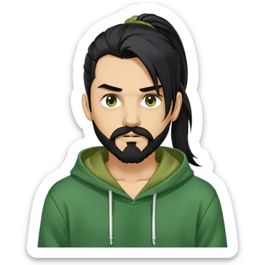 guy with long black hair, pony tail style, golden eyes, black moustache, black long beard with some white hairs, ripped green hoodie sticker