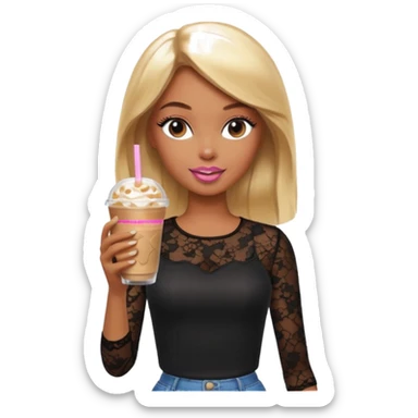brown skin blonde barbie wearing black lace shirt with iced latte sticker
