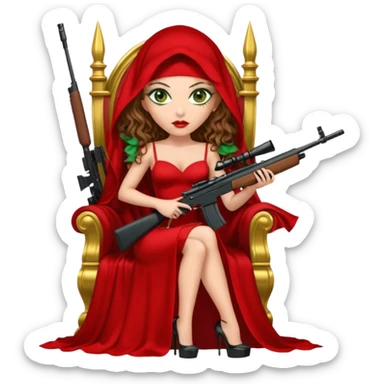 Drug dealer female green eyes symbol.  hair is brown curly long hair. sexy long with long red and black dress and face veion that covers her mouth only. black stiletto platform high heels shoes on. Holding sniper rifle sitting on a gold throne. sticker