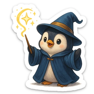 a cute penguin wizard casting a spell, wearing a robe and hat, magical, charming character illustration sticker