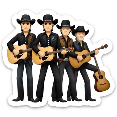 Icon for Country Music: The Highwaymen group, featuring silhouettes of Johnny Cash, Willie Nelson, Waylon Jennings, and Kris Kristofferson with guitars and cowboy hats. A subtle western backdrop with music notes reflects the spirit of classic country. Transparent background. sticker