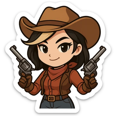 Chibi cowgirl with slightly longer hair and a blonde streak, wearing a cowboy hat and western outfit, holding two revolvers, confident pose with hands on hips, smirking expression, chibi/anime style, transparent background, sized for Twitch or Discord use. sticker