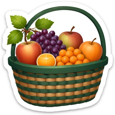 Dark green, plaid basket with both food, drink and fruits sticker