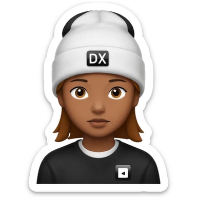 wearing a white beanie with an black square logo with the word "DX" written on it.

 sticker