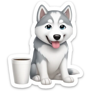 kawaii white and grey siberian husky taking coffee sticker