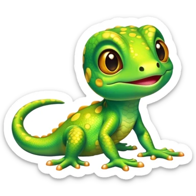 Cinematic Cute Gecko Portrait Emoji, Head tilted playfully and inquisitively, featuring a small, charming body with smooth, vividly patterned scales, bright, sparkling eyes and delicate, sticky toe pads, Simplified yet irresistibly adorable features, highly detailed, glowing with a warm, inviting glow, high shine, affectionate and lively, stylized with a touch of tropical whimsy, soft glowing outline, capturing the essence of a mischievous yet loving gecko that appears ready to dart out of the screen into your heart! sticker