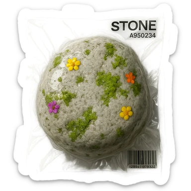 large light gray stone with scattered small colorful flowers and patches of green moss, glossy and puffy sticker