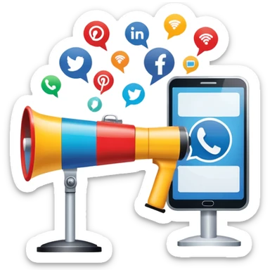 An icon featuring a megaphone, a press release, and a social media icon, symbolizing advertising and public relations. The design includes a billboard and communication network lines, representing brand promotion and media outreach. Transparent background highlights the power of communication. sticker