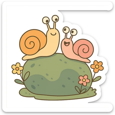 mossy rock with snails and small flowers in earthy pastel colors, pastel toon style sticker