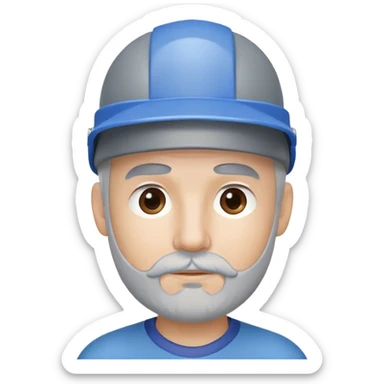 a man with a small ball of gray hair on top of his head (the sides are shaved) he’s wearing a blue visor and has a thick gray goatee sticker