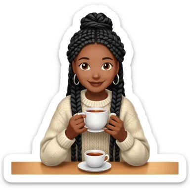 A dark-skinned Black woman with long black box braids, holding a steaming tea cup with both hands, wearing a cozy sweater, smiling. sticker