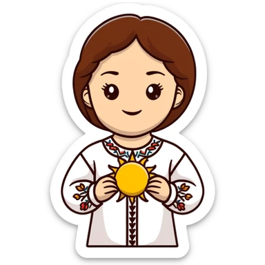 Young Ukrainian girl with brown hair wearing a white traditional embroidered shirt holding the sun in her hand sticker