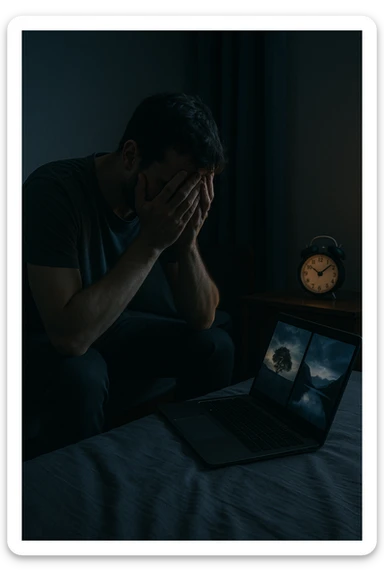 an sits on the edge of his bed, head in his hands, with a laptop open beside him displaying or suggestive images. On the nightstand, a clock shows late hours, and the man’s body language conveys exhaustion and regret. The atmosphere is somber, focusing on the emotional toll. in italiano sticker