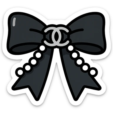elegant bow with pearls and silver Chanel logo, glossy, black and white sticker