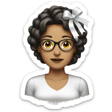 A brunette woman with glasses and a white ribbon hair accessory sticker