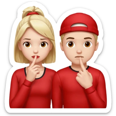 Girl and boy in red gym clothes and thoughtful faces and They have one hand on lip sticker