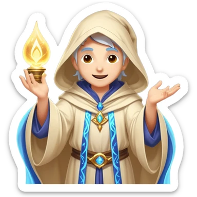 Clash of Clans aesthetic Cheerful Mage Portrait Emoji, With a bright, joyful expression and an aura of radiant magic, showcasing a stylish, robed figure with flowing garments and sparkling eyes in natural skin tone that convey boundless curiosity, Simplified yet expressive features, highly detailed, glowing with a soft, luminous mystical light, high shine, upbeat and wise, stylized with an air of fantastical wizardry, soft glowing outline, capturing the essence of a cheerful mage ready to cast spells of wonder on legendary quests! sticker