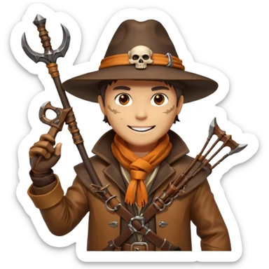 male human monster hunter emoji, wearing brown leather coat and wide hat, holding crossbow, with amulet shaped like skull, Halloween fantasy theme, confident smile, orange scarf, Apple emoji style, clean white background, square image sticker
